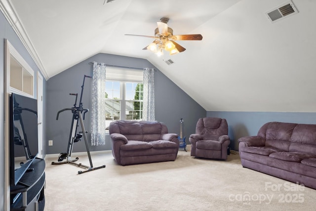 3820 Leela Palace Way, Fort Mill, SC 29708 - carpeted living room with vaulted ceiling, a ceiling fan, and baseboards