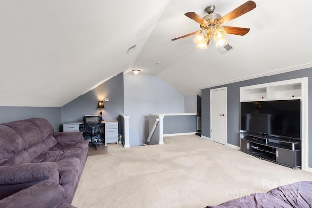 3820 Leela Palace Way, Fort Mill, SC 29708 - living area featuring lofted ceiling, carpet, a ceiling fan, and baseboards