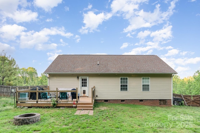 1221 Woodpecker Dr, Clover, SC 29710 - back of house featuring a fire pit, a deck, crawl space, and a shingled roof
