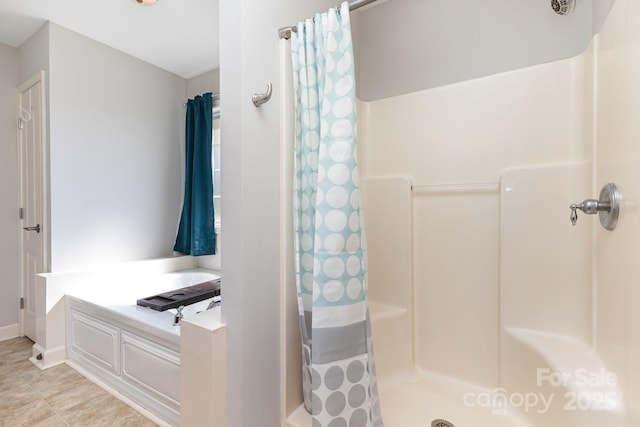 1221 Woodpecker Dr, Clover, SC 29710 - bathroom featuring curtained shower, a garden tub, and tile patterned flooring