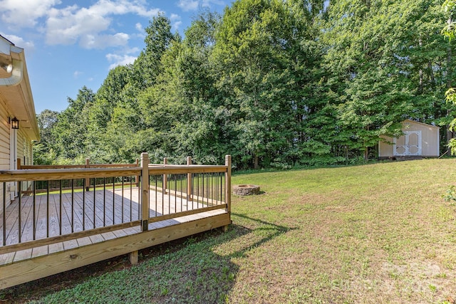 1221 Woodpecker Dr, Clover, SC 29710 - view of grassy yard featuring an outdoor fire pit, a shed, and a deck