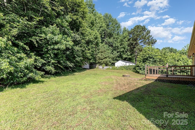1221 Woodpecker Dr, Clover, SC 29710 - view of green lawn featuring a deck and a wooded view