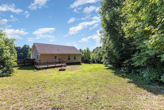 1221 Woodpecker Dr, Clover, SC 29710 - view of grassy yard with a wooden deck and a fire pit