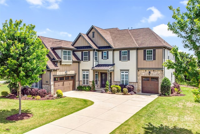 13204 Feale Ct, Charlotte, NC 28278 - craftsman-style home featuring stone siding, concrete driveway, a garage, and board and batten siding