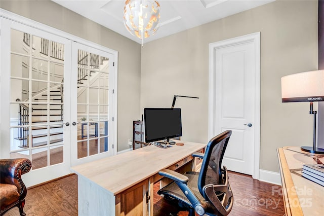 13204 Feale Ct, Charlotte, NC 28278 - office area featuring french doors, wood finished floors, and baseboards