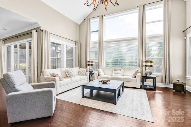 13204 Feale Ct, Charlotte, NC 28278 - living room with a chandelier, dark wood-style floors, plenty of natural light, and lofted ceiling
