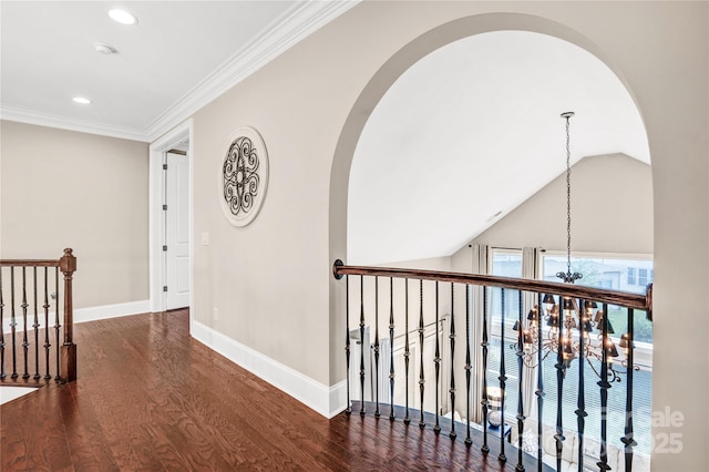 13204 Feale Ct, Charlotte, NC 28278 - hall with wood finished floors, arched walkways, recessed lighting, an upstairs landing, and baseboards