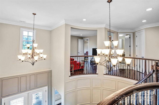 13204 Feale Ct, Charlotte, NC 28278 - stairs with a chandelier, ornamental molding, and recessed lighting