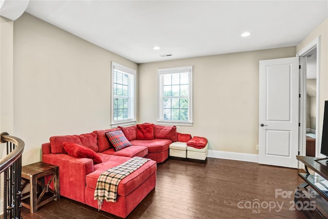 13204 Feale Ct, Charlotte, NC 28278 - living room with dark wood-style floors, recessed lighting, and baseboards