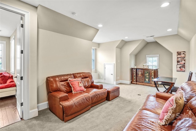 13204 Feale Ct, Charlotte, NC 28278 - living room featuring carpet flooring, vaulted ceiling, baseboards, and recessed lighting