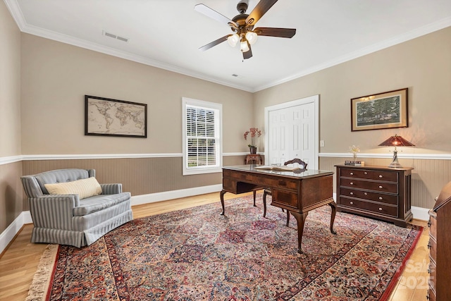 2102 Lake Rd, Ridgeway, SC 29130 - office area with wood finished floors, ceiling fan, ornamental molding, a wainscoted wall, and baseboards