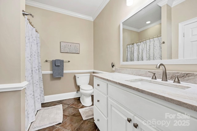 2102 Lake Rd, Ridgeway, SC 29130 - full bathroom with crown molding, vanity, toilet, tile patterned floors, and baseboards