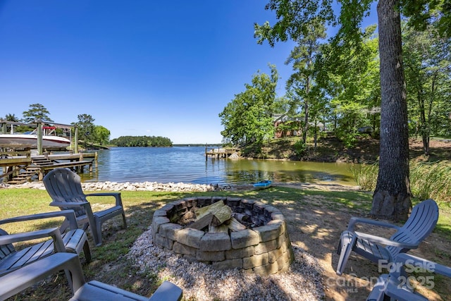 2102 Lake Rd, Ridgeway, SC 29130 - view of yard with an outdoor fire pit, a water view, and a boat dock