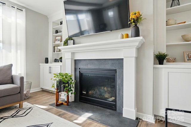 2062 Nellies Way, Fort Mill, SC 29715 - living room featuring built in features, wood finished floors, a glass covered fireplace, and baseboards
