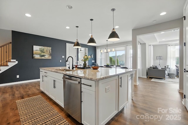 2062 Nellies Way, Fort Mill, SC 29715 - kitchen with a sink, dishwasher, an island with sink, white cabinetry, and recessed lighting