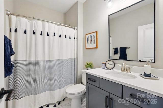 2062 Nellies Way, Fort Mill, SC 29715 - bathroom featuring marble look tile flooring, toilet, vanity, and a shower with curtain