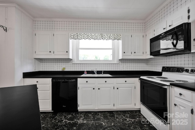 kitchen featuring black appliances, a sink, dark countertops, crown molding, and white cabinetry