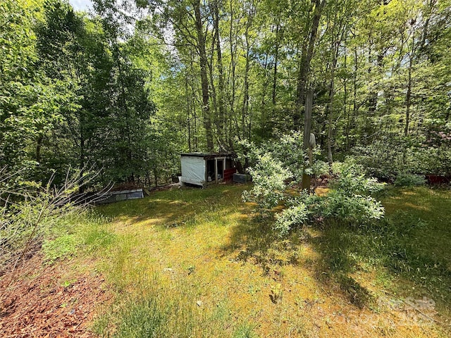 630 Deer Chase Cir, Cedar Mountain, NC 28718 - view of yard with a storage shed, an outbuilding, and a wooded view