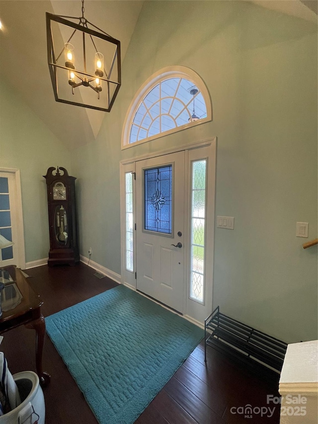517 Grassy Creek Run, Chester, SC 29706 - foyer with a chandelier, wood-type flooring, healthy amount of natural light, high vaulted ceiling, and baseboards