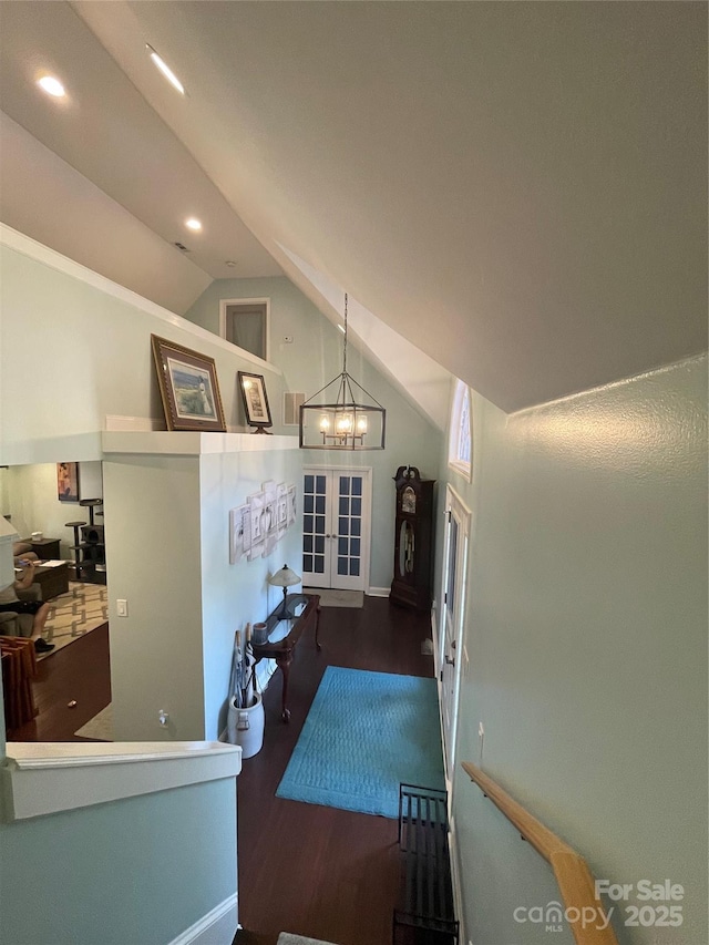 517 Grassy Creek Run, Chester, SC 29706 - interior space with lofted ceiling, wood finished floors, a chandelier, french doors, and recessed lighting