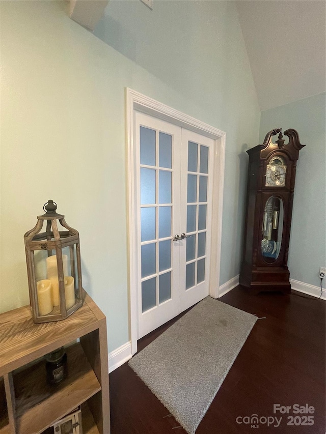 517 Grassy Creek Run, Chester, SC 29706 - doorway to outside featuring french doors, baseboards, dark wood-style floors, and lofted ceiling