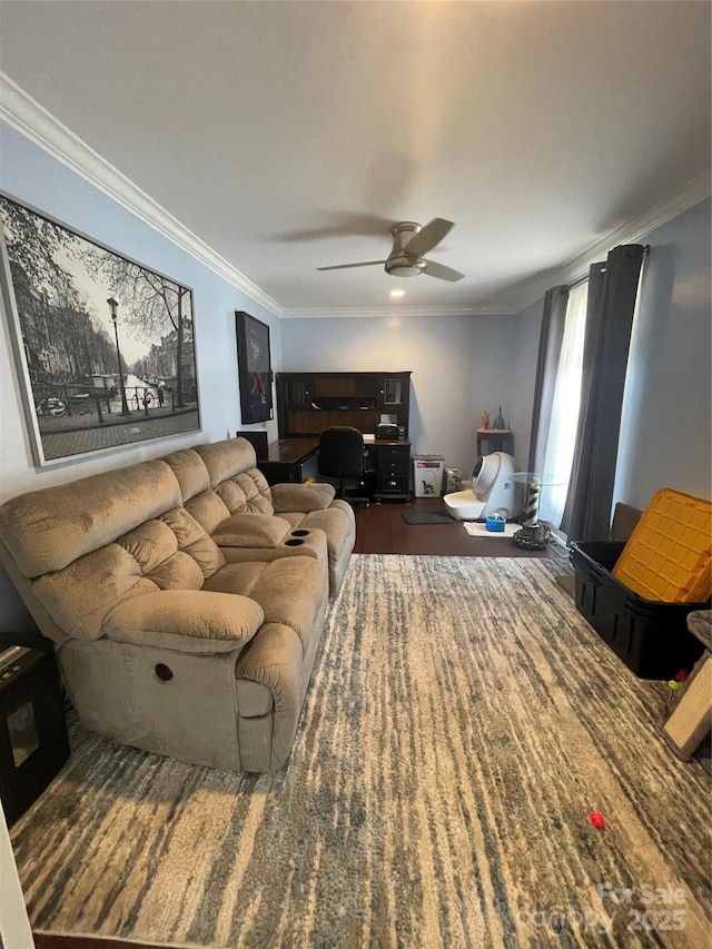 517 Grassy Creek Run, Chester, SC 29706 - living area featuring crown molding, ceiling fan, wood finished floors, and an office area
