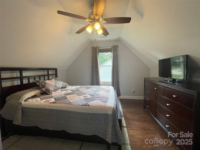 517 Grassy Creek Run, Chester, SC 29706 - bedroom with dark wood-style floors, baseboards, lofted ceiling, and a ceiling fan