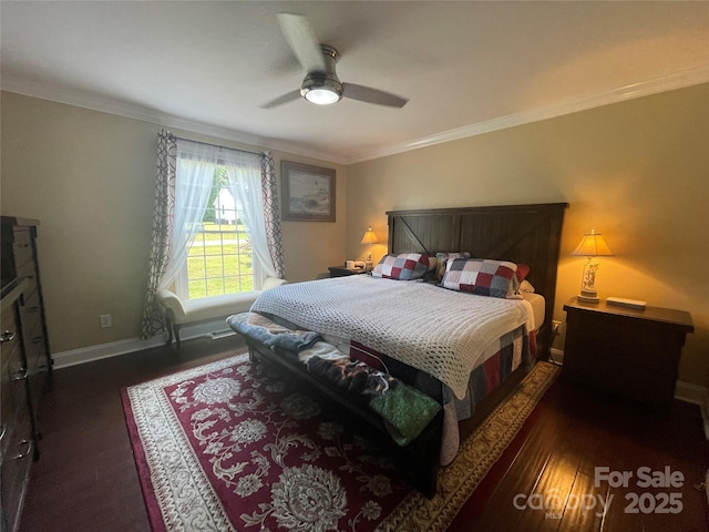 517 Grassy Creek Run, Chester, SC 29706 - bedroom with baseboards, ornamental molding, dark wood-style flooring, and ceiling fan