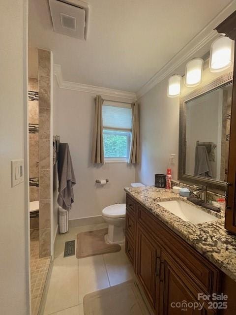517 Grassy Creek Run, Chester, SC 29706 - bathroom with crown molding, toilet, vanity, tile patterned floors, and a tile shower