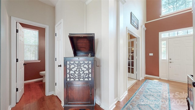 foyer entrance featuring wood finished floors, healthy amount of natural light, baseboards, and a towering ceiling