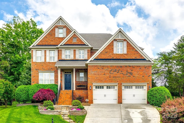 208 Mcduffie Ln, Fort Mill, SC 29715 - view of front of property featuring driveway, brick siding, a front lawn, an attached garage, and a shingled roof