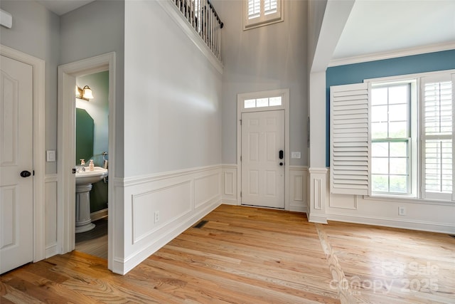 208 Mcduffie Ln, Fort Mill, SC 29715 - entryway featuring plenty of natural light, light wood-type flooring, wainscoting, ornamental molding, and a towering ceiling