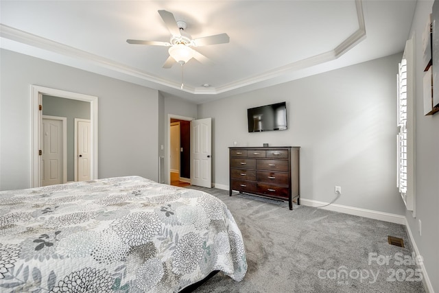 208 Mcduffie Ln, Fort Mill, SC 29715 - carpeted bedroom featuring a tray ceiling, baseboards, crown molding, and ceiling fan