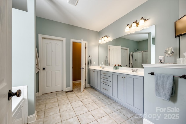 208 Mcduffie Ln, Fort Mill, SC 29715 - full bath with a shower stall, tile patterned flooring, double vanity, and baseboards