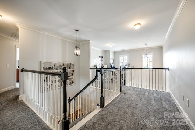 208 Mcduffie Ln, Fort Mill, SC 29715 - hall with an upstairs landing, carpet, crown molding, and baseboards