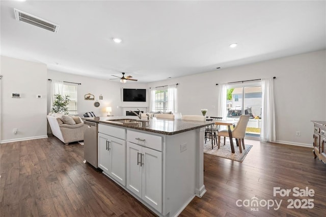 446 Misty Law Ln, Clover, SC 29710 - kitchen with dishwasher, open floor plan, ceiling fan, dark wood-style floors, and recessed lighting