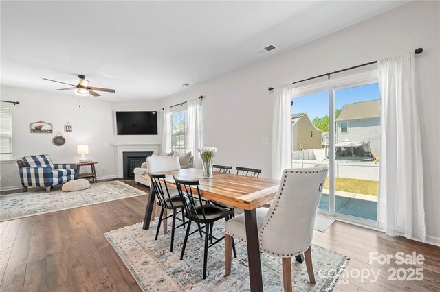 446 Misty Law Ln, Clover, SC 29710 - dining area featuring ceiling fan, healthy amount of natural light, a glass covered fireplace, and wood finished floors