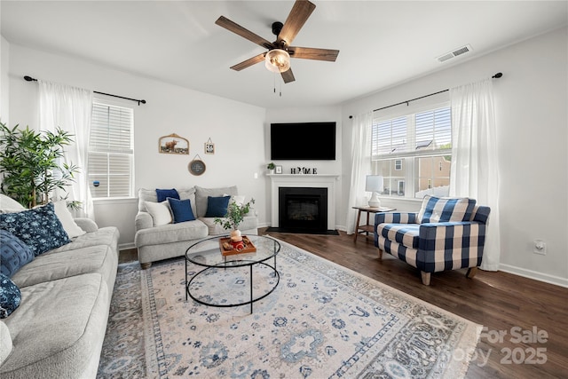 446 Misty Law Ln, Clover, SC 29710 - living room featuring ceiling fan, wood finished floors, and a glass covered fireplace