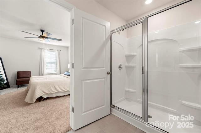 446 Misty Law Ln, Clover, SC 29710 - ensuite bathroom featuring a stall shower, ceiling fan, and recessed lighting