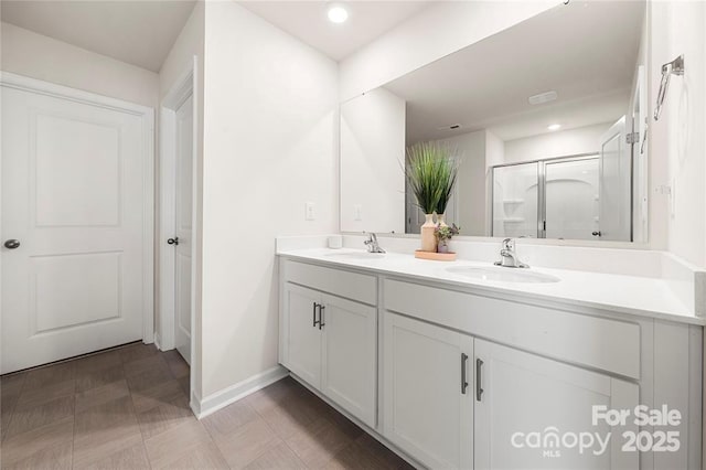 446 Misty Law Ln, Clover, SC 29710 - bathroom featuring double vanity, a stall shower, and recessed lighting