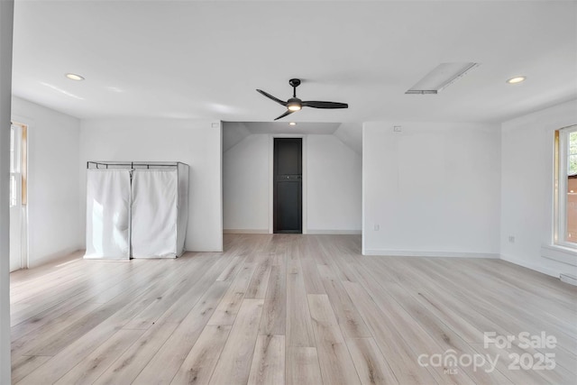 5262 Mckenzie Trl, Conover, NC 28613 - unfurnished living room featuring light wood-style floors, recessed lighting, a ceiling fan, baseboards, and vaulted ceiling
