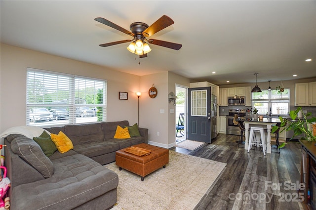 8024 Eagle St, Mount Pleasant, NC 28124 - living room featuring dark wood finished floors, ceiling fan, recessed lighting, and baseboards