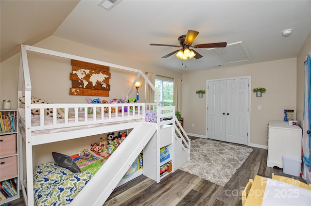 8024 Eagle St, Mount Pleasant, NC 28124 - bedroom with attic access, wood finished floors, a closet, ceiling fan, and baseboards