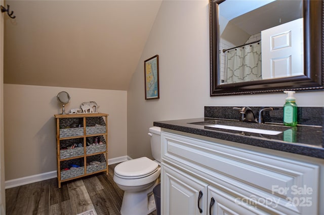 8024 Eagle St, Mount Pleasant, NC 28124 - bathroom with wood finished floors, lofted ceiling, toilet, vanity, and baseboards