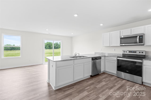 2322 Joes Lake Rd, Shelby, NC 28152 - kitchen featuring appliances with stainless steel finishes, a peninsula, a sink, light wood finished floors, and light stone counters