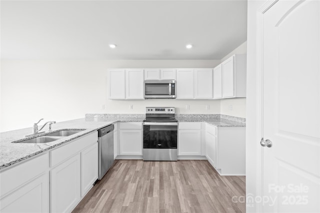 2322 Joes Lake Rd, Shelby, NC 28152 - kitchen featuring appliances with stainless steel finishes, a sink, white cabinetry, light stone countertops, and recessed lighting