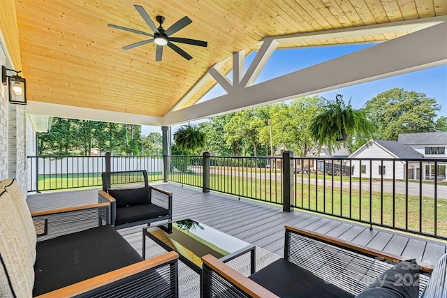 139 Elysian Dr, Mooresville, NC 28117 - wooden deck with a lawn, outdoor lounge area, and ceiling fan