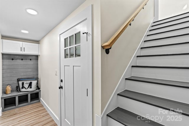 139 Elysian Dr, Mooresville, NC 28117 - mudroom featuring light wood-style flooring, recessed lighting, and baseboards