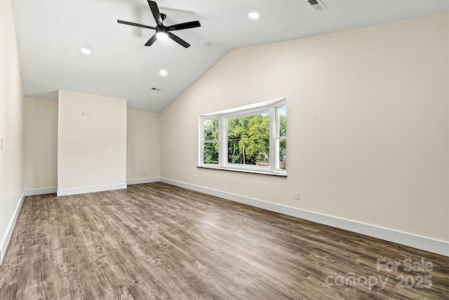 139 Elysian Dr, Mooresville, NC 28117 - unfurnished room featuring wood finished floors, ceiling fan, recessed lighting, baseboards, and vaulted ceiling