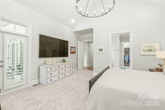 6831 Conservatory Ln, Charlotte, NC 28210 - carpeted bedroom with high vaulted ceiling, a chandelier, baseboards, and recessed lighting